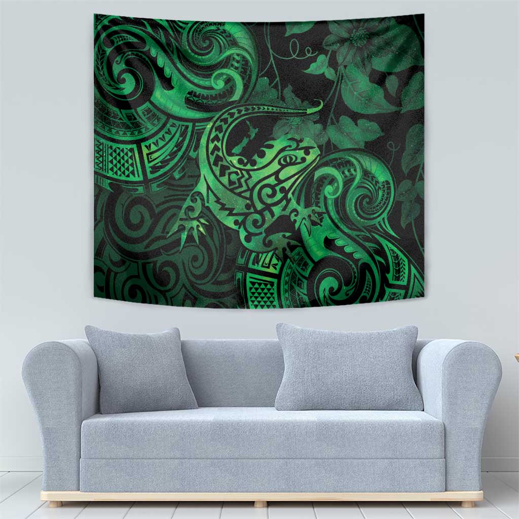 New Zealand Tuatara Tapestry Aotearoa Maori Clematis Flowers - Green - Vibe Hoodie Shop