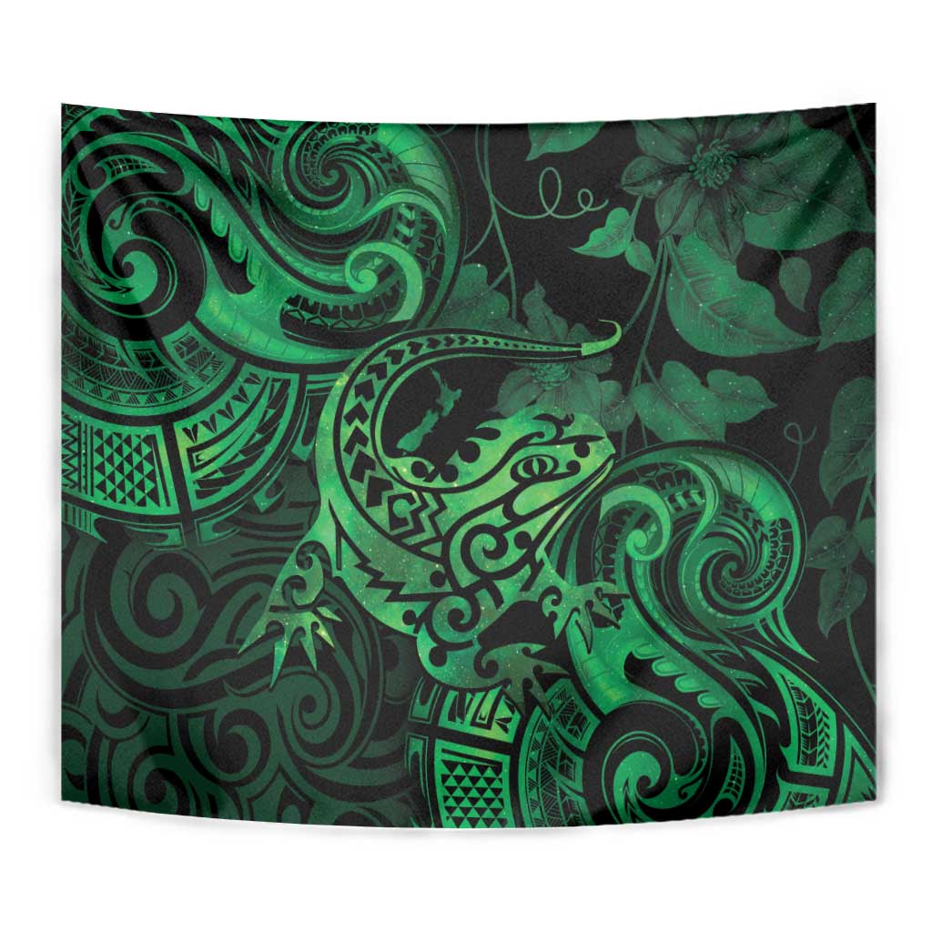 New Zealand Tuatara Tapestry Aotearoa Maori Clematis Flowers - Green - Vibe Hoodie Shop