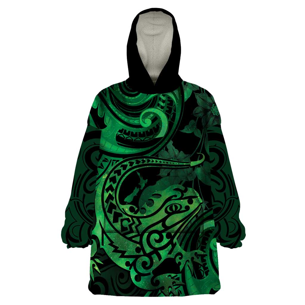 New Zealand Tuatara Wearable Blanket Hoodie Aotearoa Maori Clematis Flowers - Green - Vibe Hoodie Shop