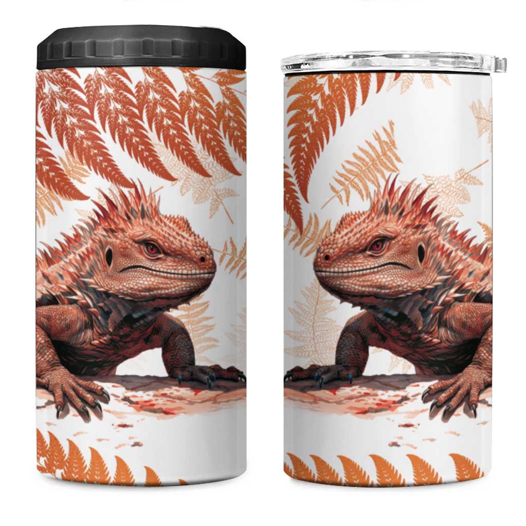 Red New Zealand Tuatara 4 in 1 Can Cooler Tumbler Aotearoa Sphenodon Punctatus Silver Fern