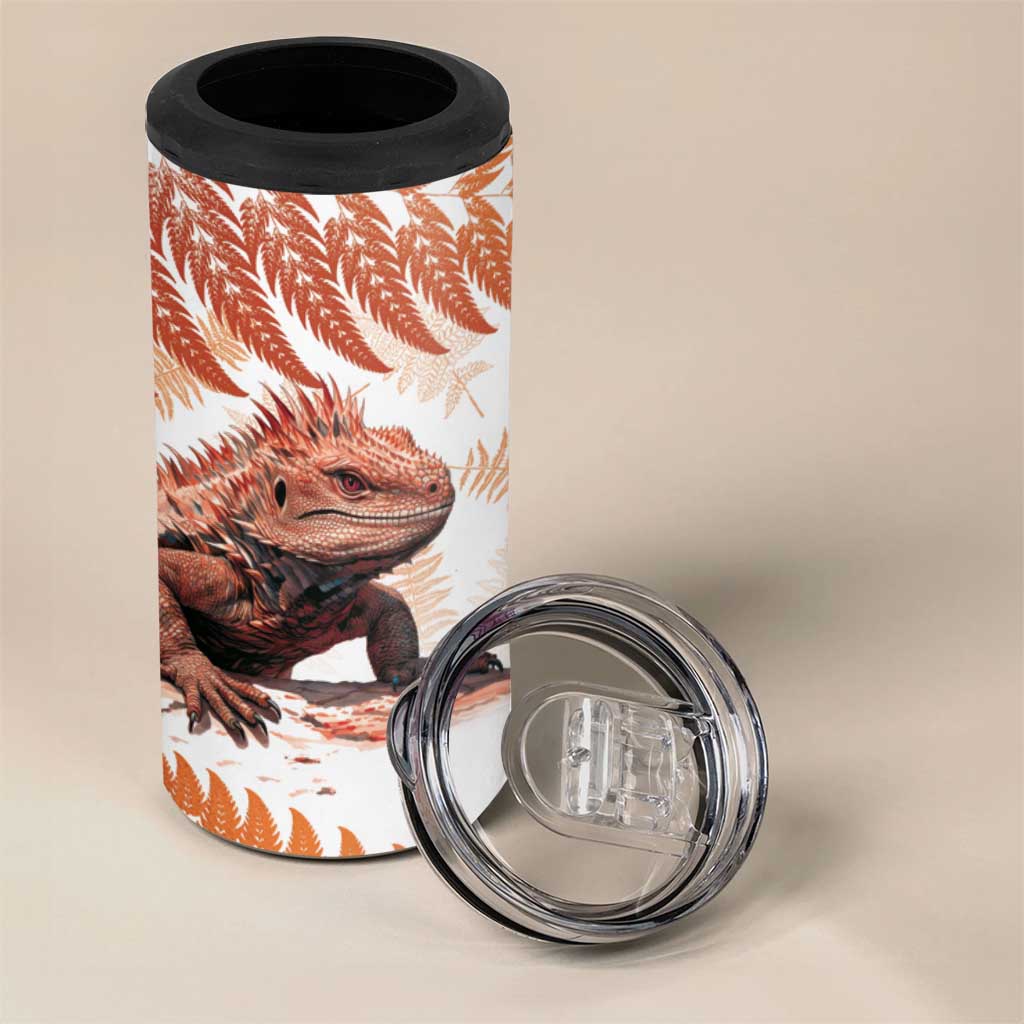 Red New Zealand Tuatara 4 in 1 Can Cooler Tumbler Aotearoa Sphenodon Punctatus Silver Fern