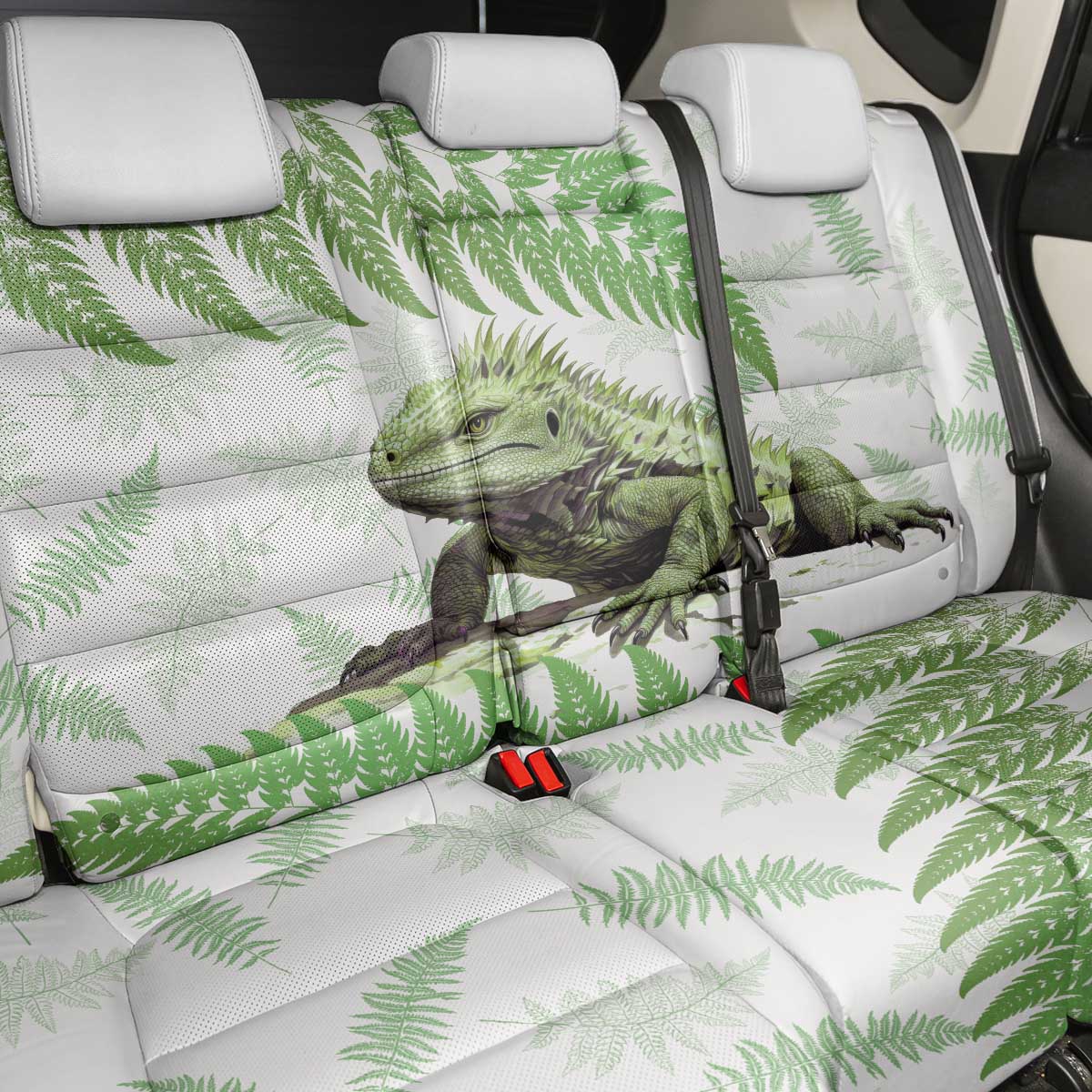 Green New Zealand Tuatara Back Car Seat Cover Aotearoa Sphenodon Punctatus Silver Fern