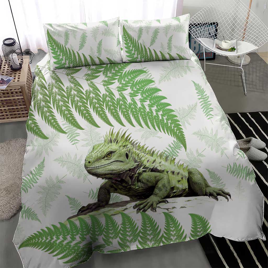 Green New Zealand Tuatara Bedding Set Aotearoa Sphenodon Punctatus Silver Fern - Vibe Hoodie Shop