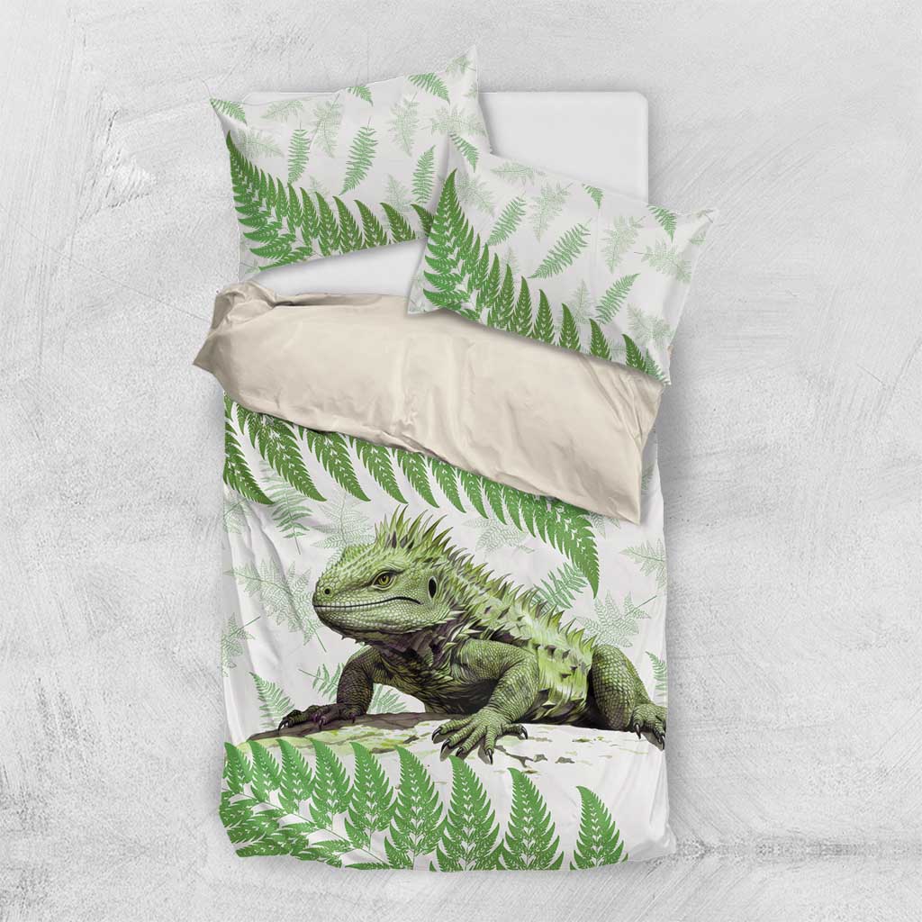 Green New Zealand Tuatara Bedding Set Aotearoa Sphenodon Punctatus Silver Fern - Vibe Hoodie Shop