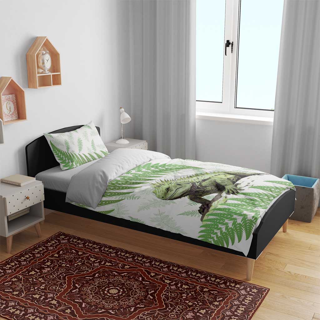 Green New Zealand Tuatara Bedding Set Aotearoa Sphenodon Punctatus Silver Fern - Vibe Hoodie Shop