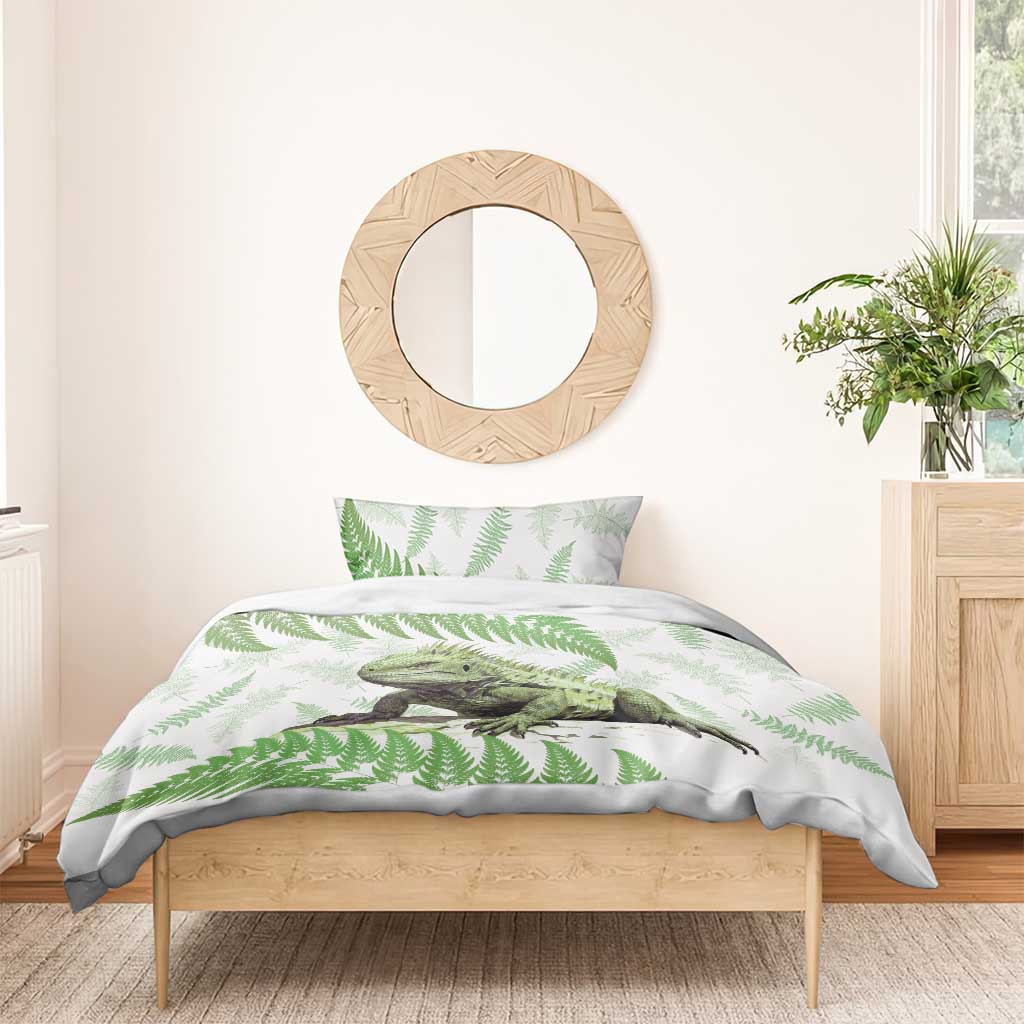 Green New Zealand Tuatara Bedding Set Aotearoa Sphenodon Punctatus Silver Fern - Vibe Hoodie Shop