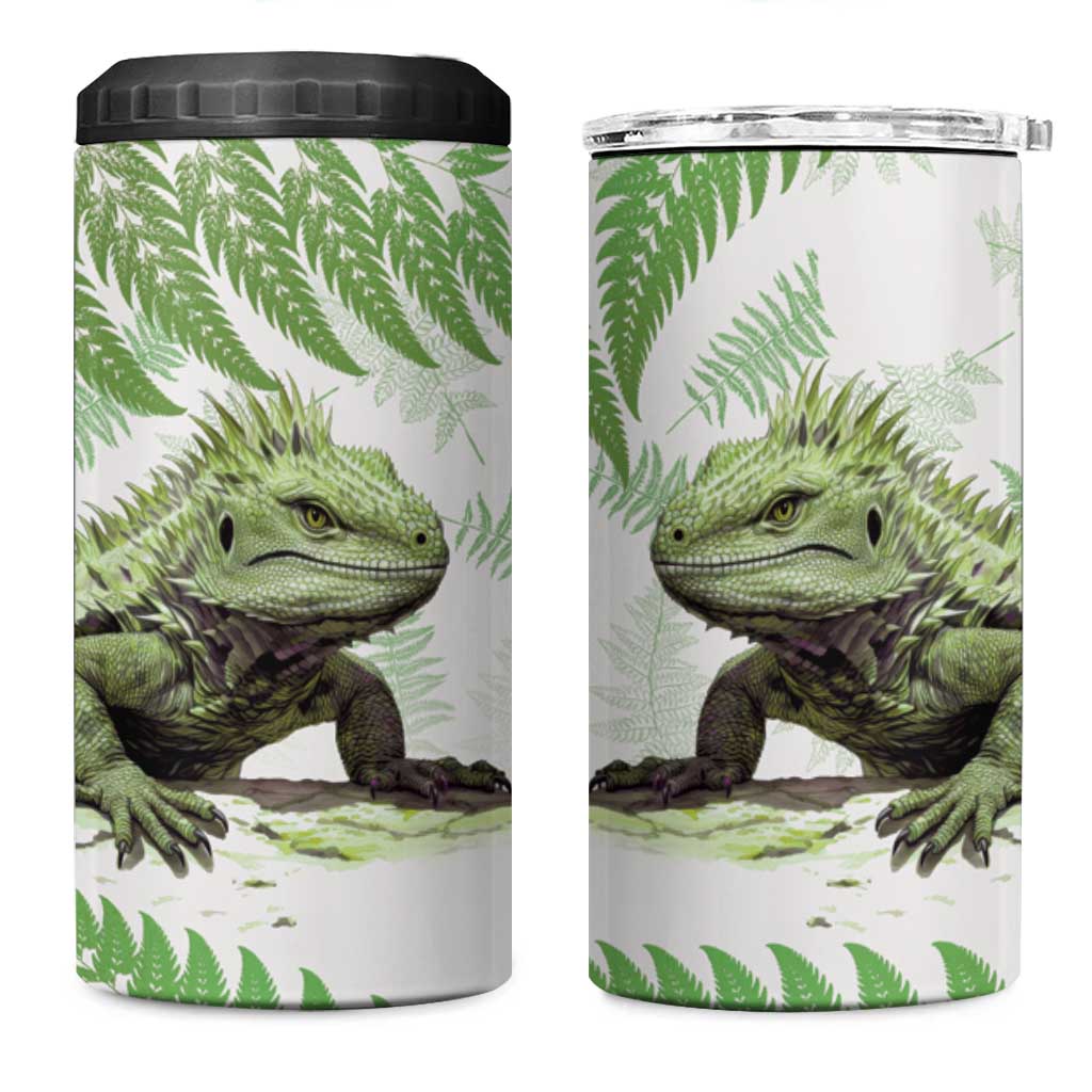 Green New Zealand Tuatara 4 in 1 Can Cooler Tumbler Aotearoa Sphenodon Punctatus Silver Fern