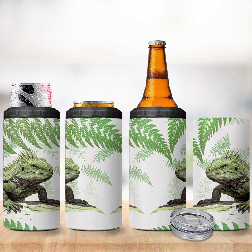 Green New Zealand Tuatara 4 in 1 Can Cooler Tumbler Aotearoa Sphenodon Punctatus Silver Fern