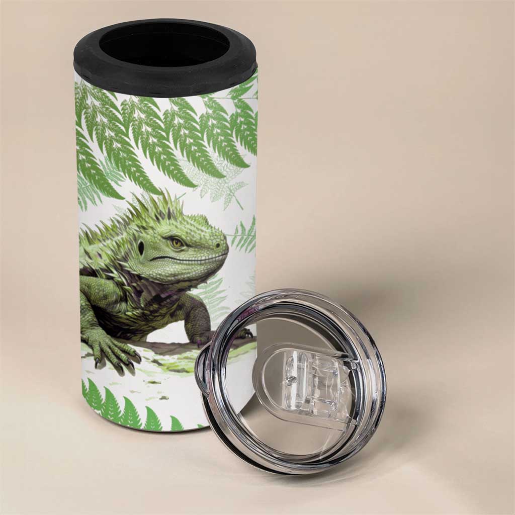 Green New Zealand Tuatara 4 in 1 Can Cooler Tumbler Aotearoa Sphenodon Punctatus Silver Fern