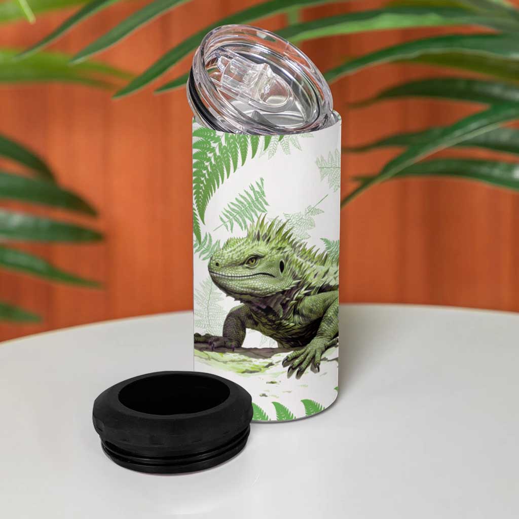 Green New Zealand Tuatara 4 in 1 Can Cooler Tumbler Aotearoa Sphenodon Punctatus Silver Fern