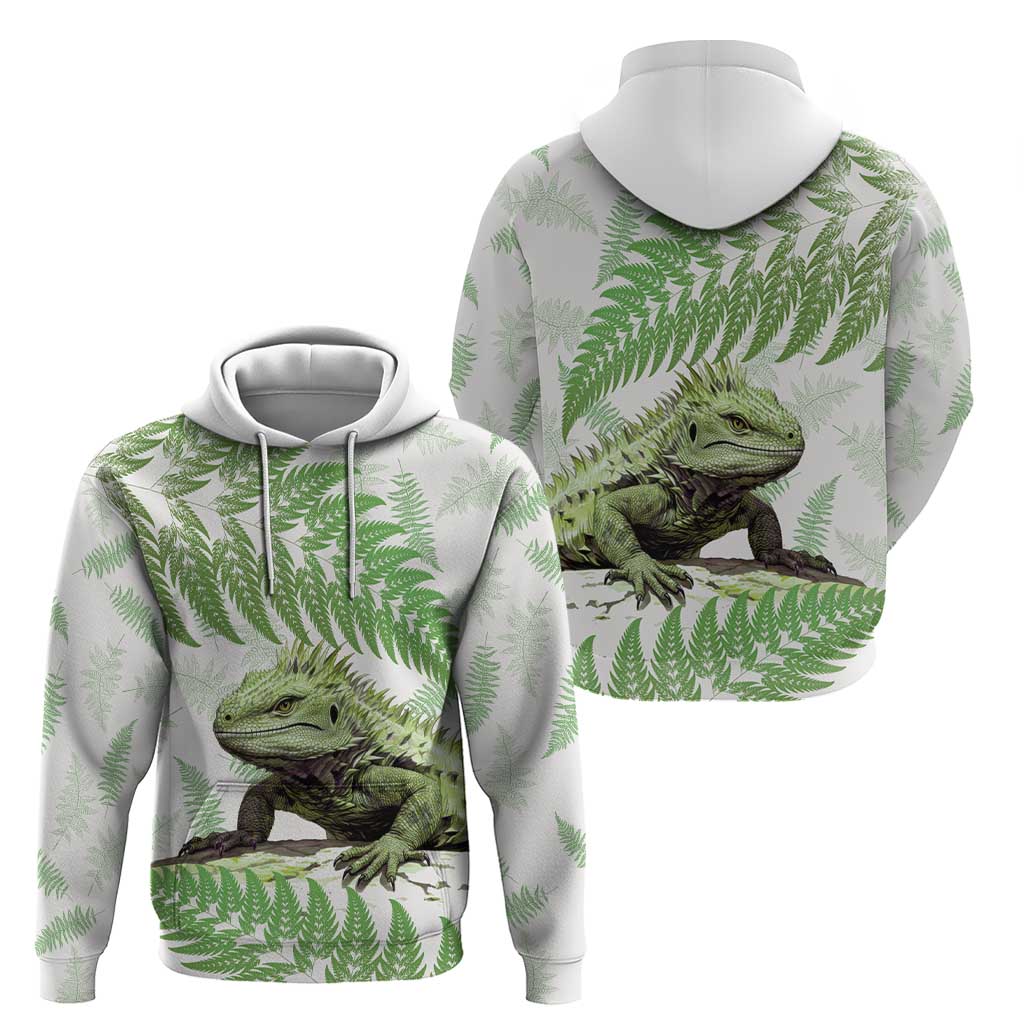 Green New Zealand Tuatara Hoodie Aotearoa Sphenodon Punctatus Silver Fern - Vibe Hoodie Shop