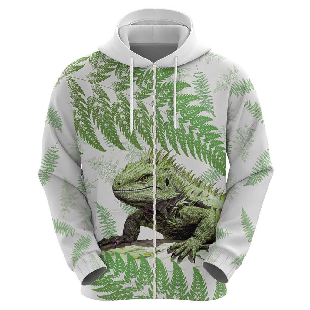 Green New Zealand Tuatara Hoodie Aotearoa Sphenodon Punctatus Silver Fern - Vibe Hoodie Shop