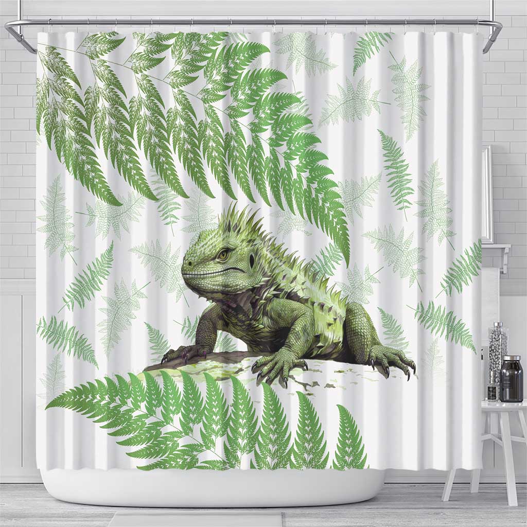 Green New Zealand Tuatara Shower Curtain Aotearoa Sphenodon Punctatus Silver Fern