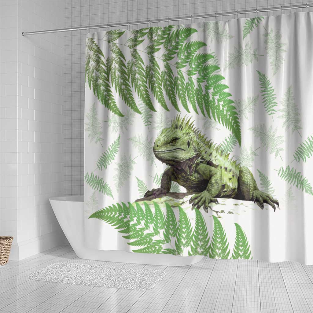 Green New Zealand Tuatara Shower Curtain Aotearoa Sphenodon Punctatus Silver Fern