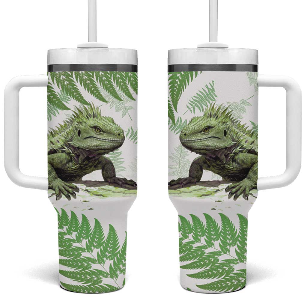 Green New Zealand Tuatara Tumbler With Handle Aotearoa Sphenodon Punctatus Silver Fern