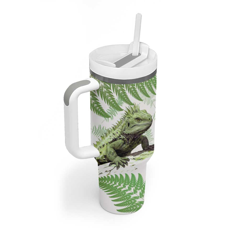 Green New Zealand Tuatara Tumbler With Handle Aotearoa Sphenodon Punctatus Silver Fern