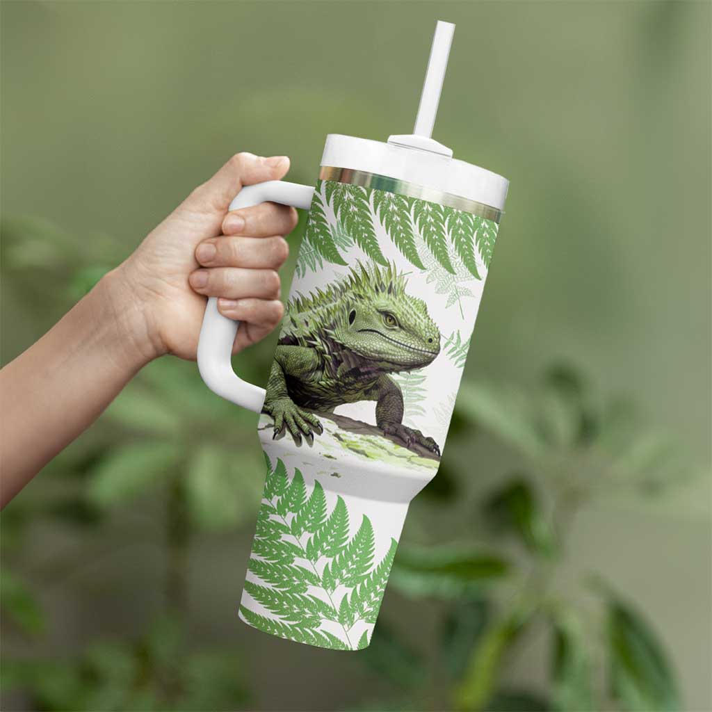 Green New Zealand Tuatara Tumbler With Handle Aotearoa Sphenodon Punctatus Silver Fern