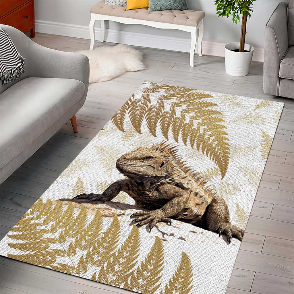 Gold New Zealand Tuatara Area Rug Aotearoa Sphenodon Punctatus Silver Fern - Vibe Hoodie Shop