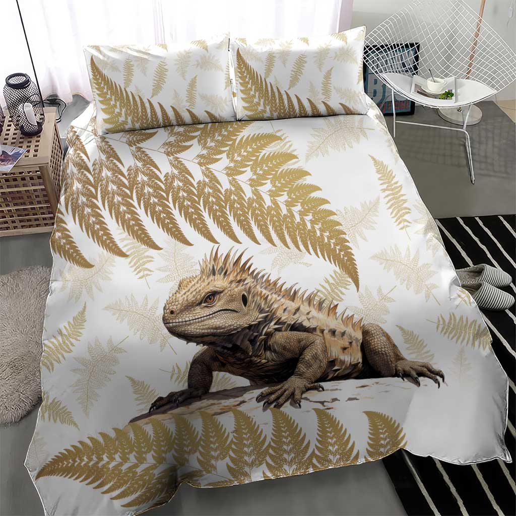 Gold New Zealand Tuatara Bedding Set Aotearoa Sphenodon Punctatus Silver Fern - Vibe Hoodie Shop