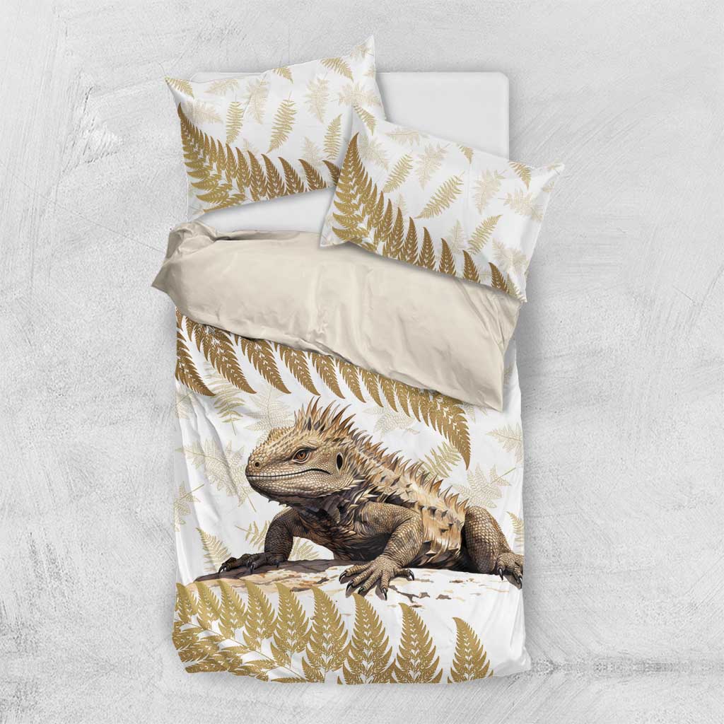 Gold New Zealand Tuatara Bedding Set Aotearoa Sphenodon Punctatus Silver Fern - Vibe Hoodie Shop