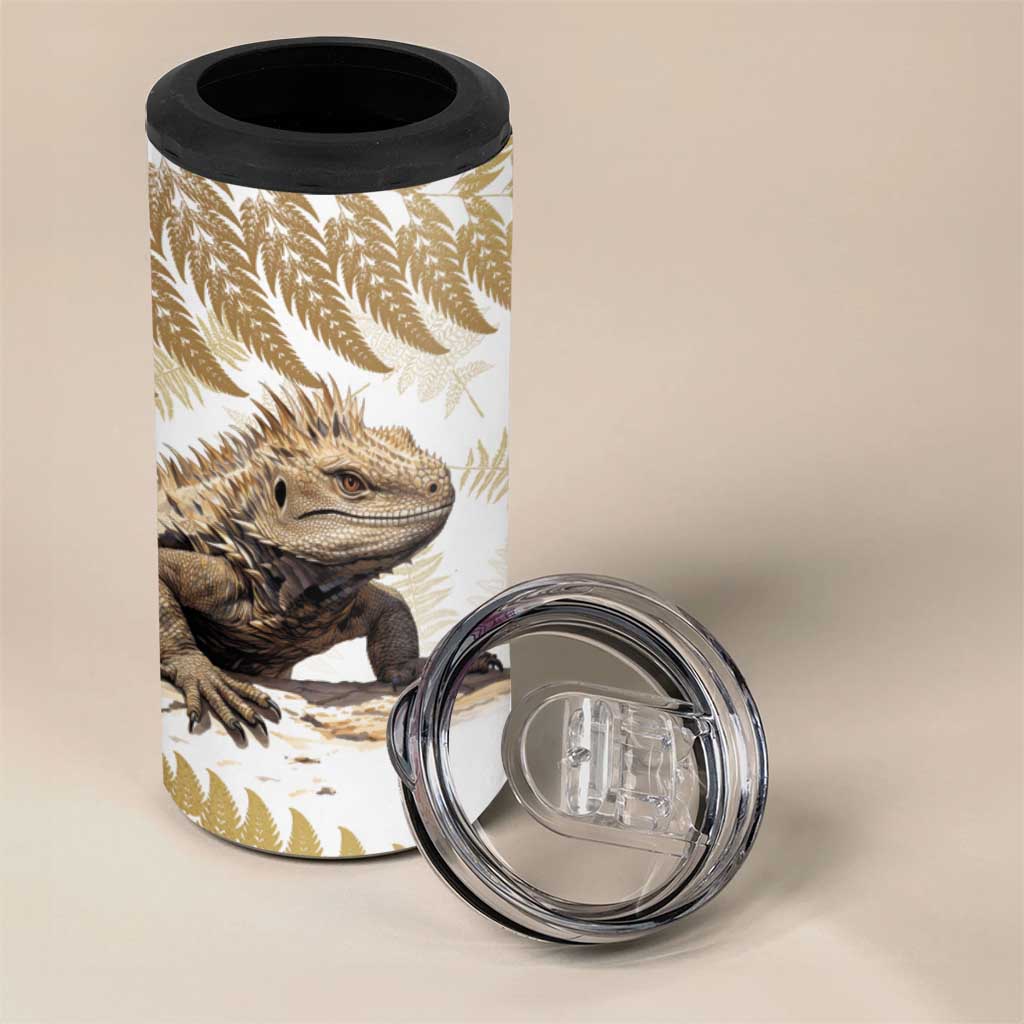 Gold New Zealand Tuatara 4 in 1 Can Cooler Tumbler Aotearoa Sphenodon Punctatus Silver Fern