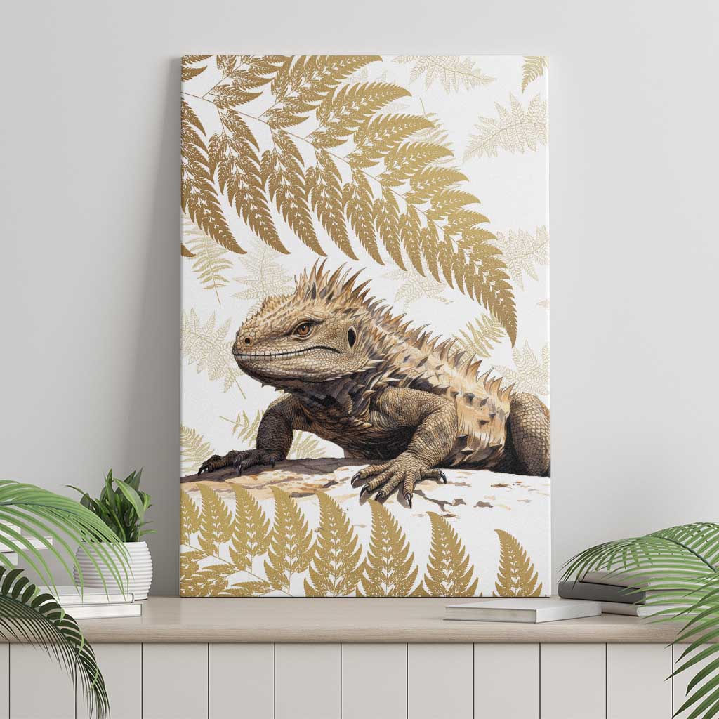 Gold New Zealand Tuatara Canvas Wall Art Aotearoa Sphenodon Punctatus Silver Fern