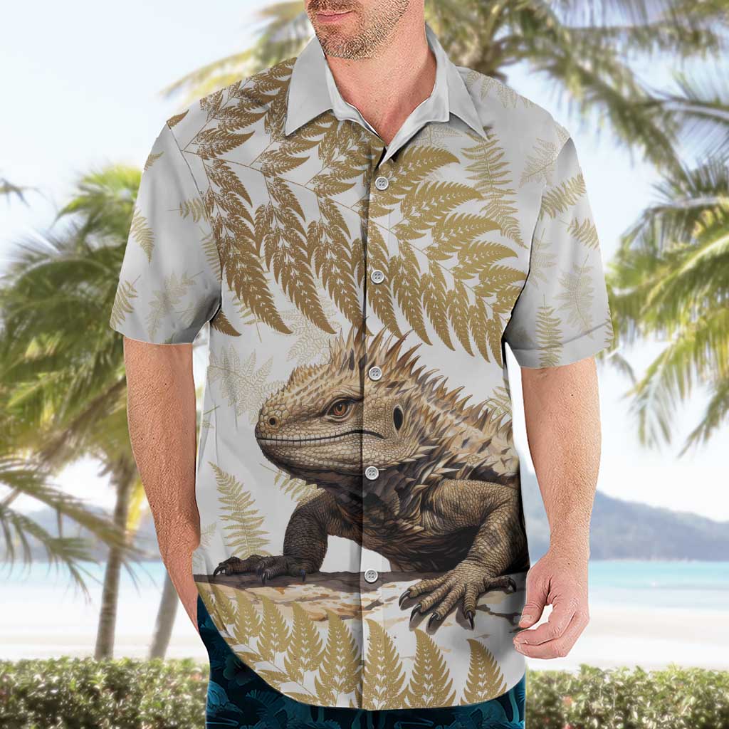 Gold New Zealand Tuatara Hawaiian Shirt Aotearoa Sphenodon Punctatus Silver Fern - Vibe Hoodie Shop