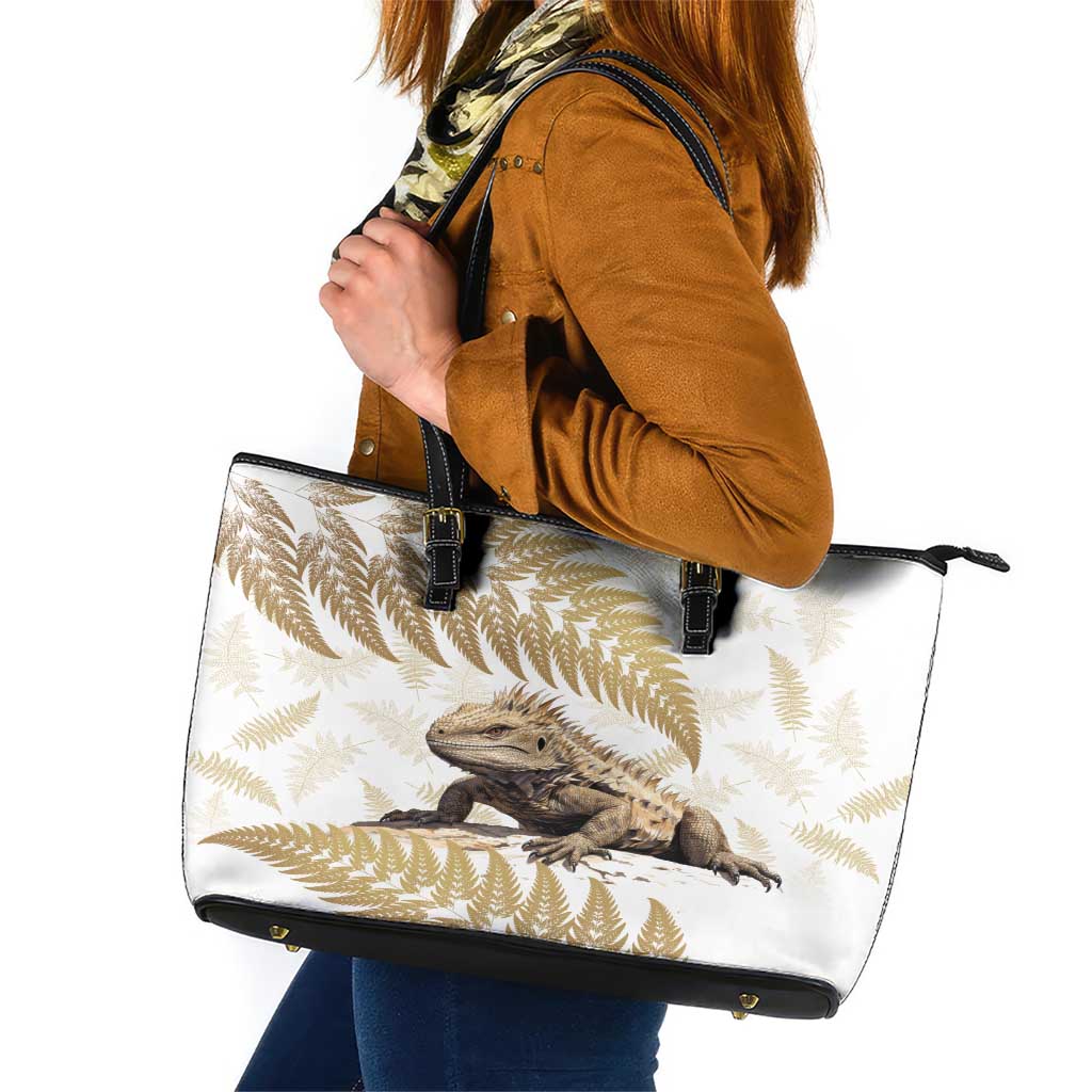 Gold New Zealand Tuatara Leather Tote Bag Aotearoa Sphenodon Punctatus Silver Fern