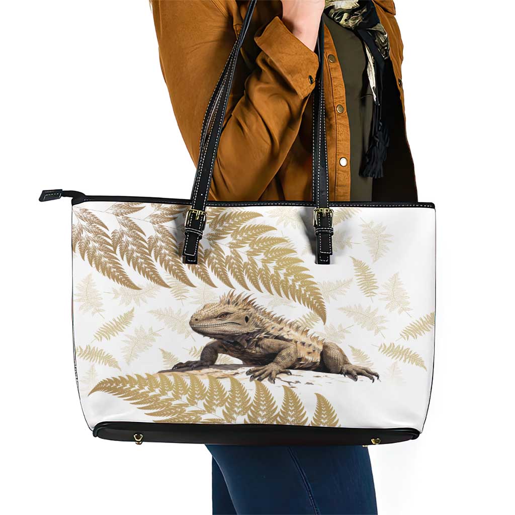 Gold New Zealand Tuatara Leather Tote Bag Aotearoa Sphenodon Punctatus Silver Fern