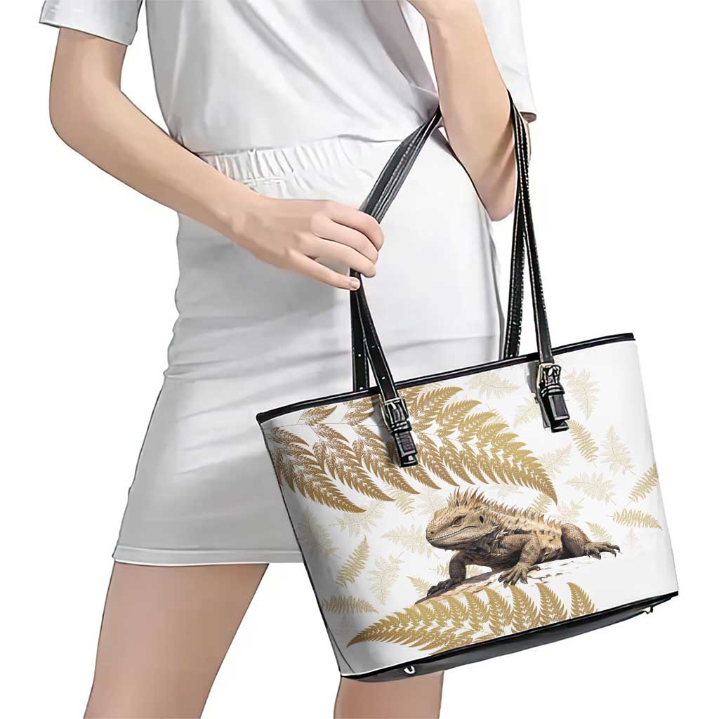 Gold New Zealand Tuatara Leather Tote Bag Aotearoa Sphenodon Punctatus Silver Fern