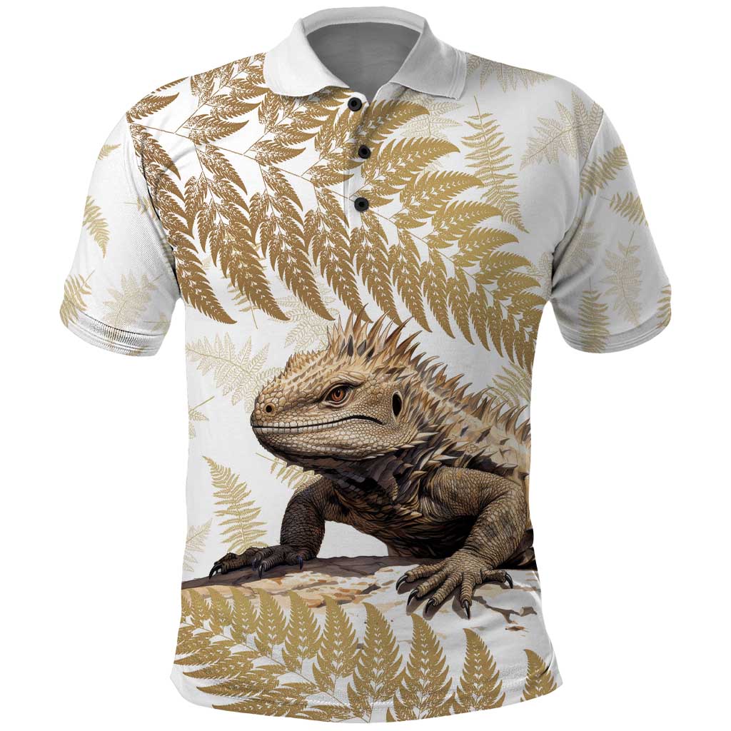 Gold New Zealand Tuatara Polo Shirt Aotearoa Sphenodon Punctatus Silver Fern - Vibe Hoodie Shop