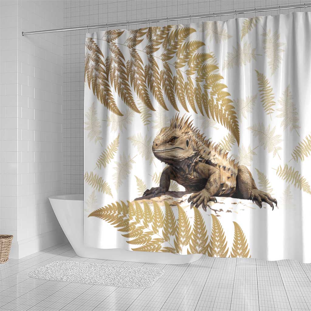 Gold New Zealand Tuatara Shower Curtain Aotearoa Sphenodon Punctatus Silver Fern