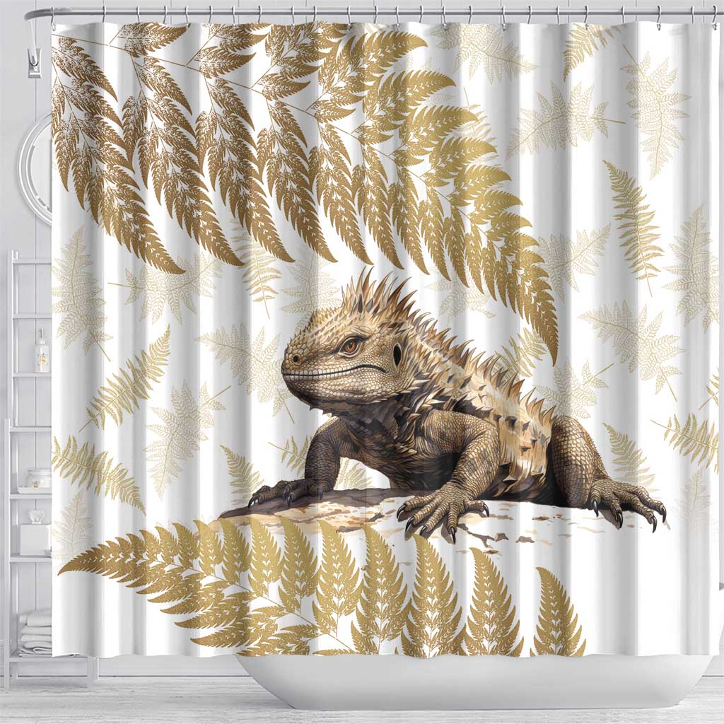 Gold New Zealand Tuatara Shower Curtain Aotearoa Sphenodon Punctatus Silver Fern