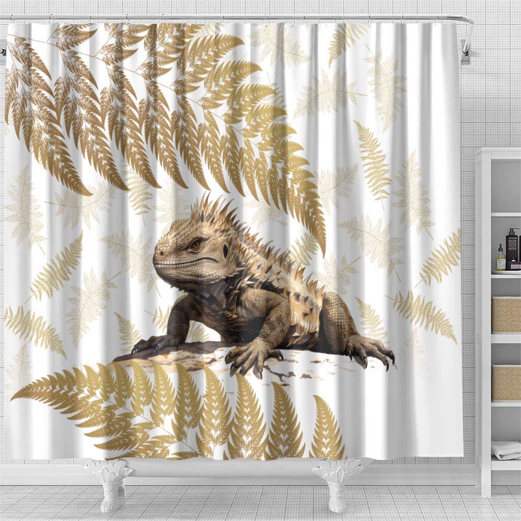 Gold New Zealand Tuatara Shower Curtain Aotearoa Sphenodon Punctatus Silver Fern