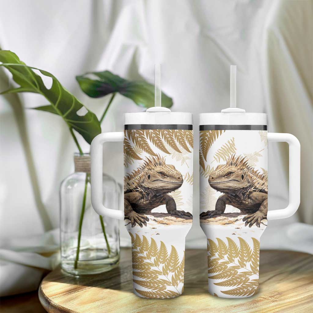 Gold New Zealand Tuatara Tumbler With Handle Aotearoa Sphenodon Punctatus Silver Fern