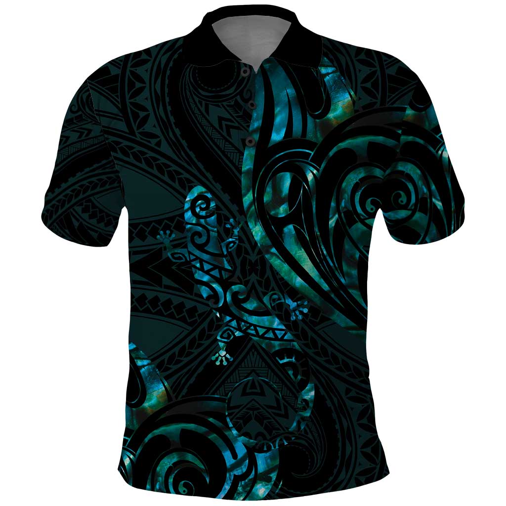 New Zealand Skink Polo Shirt Aotearoa Maori Mix Paua Shell - Vibe Hoodie Shop