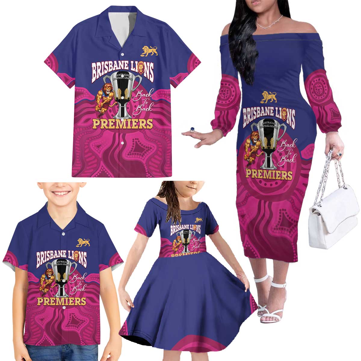 AFL Lions Football Custom Family Matching Off The Shoulder Long Sleeve Dress and Hawaiian Shirt Brisbane Premiers Back To Back Proud - Vibe Hoodie