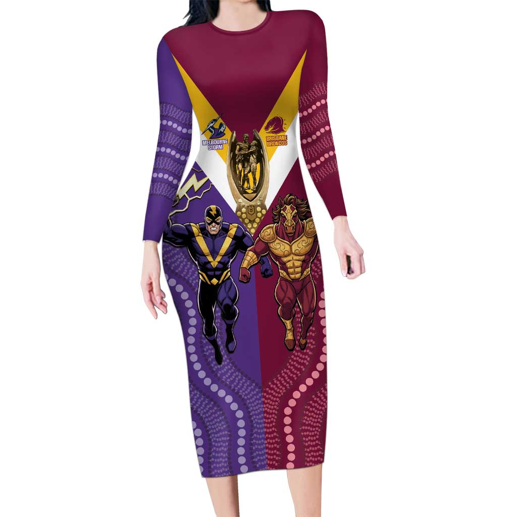 Storm And Broncos Rugby Custom Family Matching Long Sleeve Bodycon Dress and Hawaiian Shirt Melbourne Brisbane Final Together Mascots Style - Vibe Hoodie