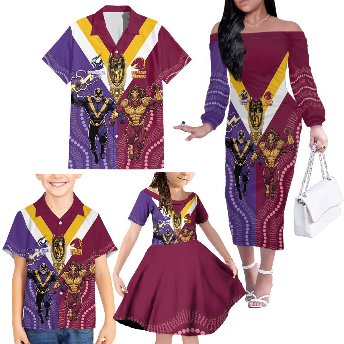 Storm And Broncos Rugby Custom Family Matching Off The Shoulder Long Sleeve Dress and Hawaiian Shirt Melbourne Brisbane Final Together Mascots Style - Vibe Hoodie