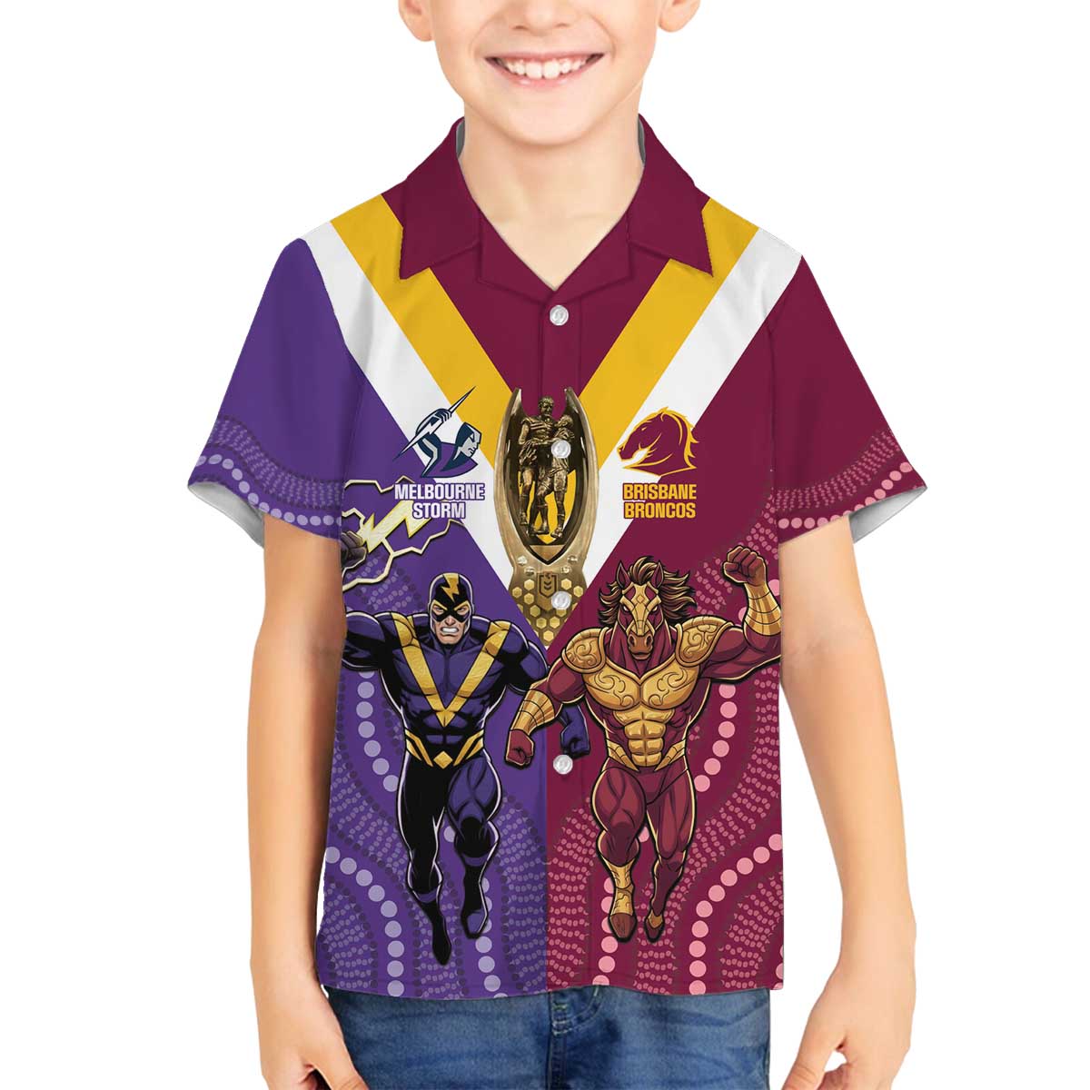 Storm And Broncos Rugby Custom Family Matching Off The Shoulder Long Sleeve Dress and Hawaiian Shirt Melbourne Brisbane Final Together Mascots Style - Vibe Hoodie