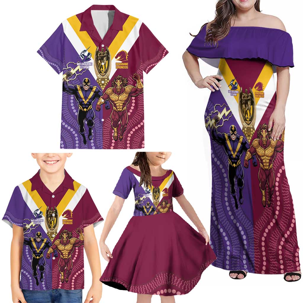 Storm And Broncos Rugby Custom Family Matching Off Shoulder Maxi Dress and Hawaiian Shirt Melbourne Brisbane Final Together Mascots Style - Vibe Hoodie