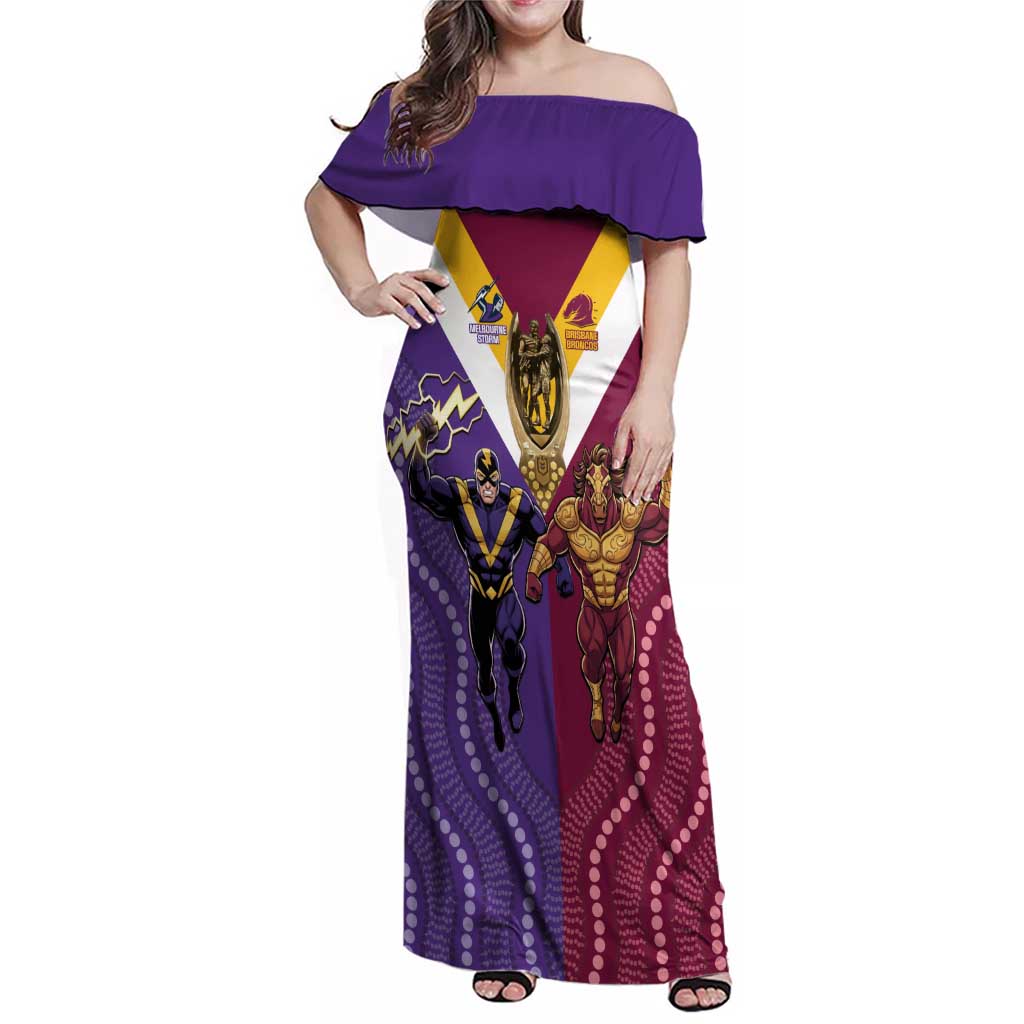 Storm And Broncos Rugby Custom Family Matching Off Shoulder Maxi Dress and Hawaiian Shirt Melbourne Brisbane Final Together Mascots Style - Vibe Hoodie