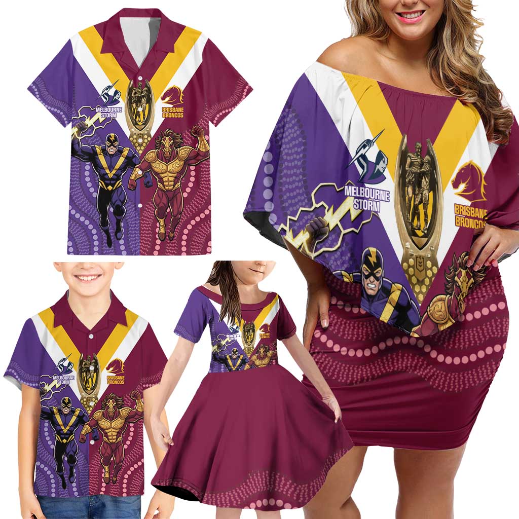 Storm And Broncos Rugby Custom Family Matching Off Shoulder Short Dress and Hawaiian Shirt Melbourne Brisbane Final Together Mascots Style - Vibe Hoodie