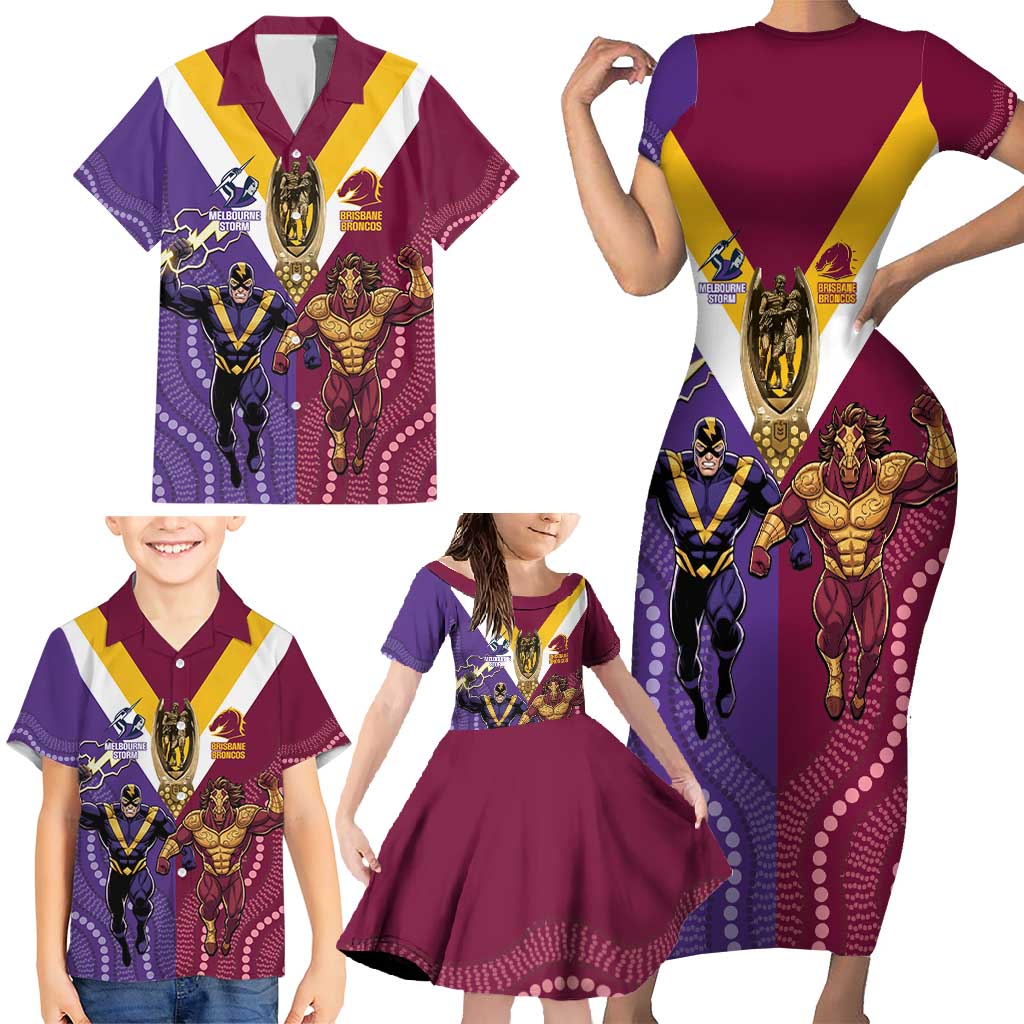 Storm And Broncos Rugby Custom Family Matching Short Sleeve Bodycon Dress and Hawaiian Shirt Melbourne Brisbane Final Together Mascots Style - Vibe Hoodie