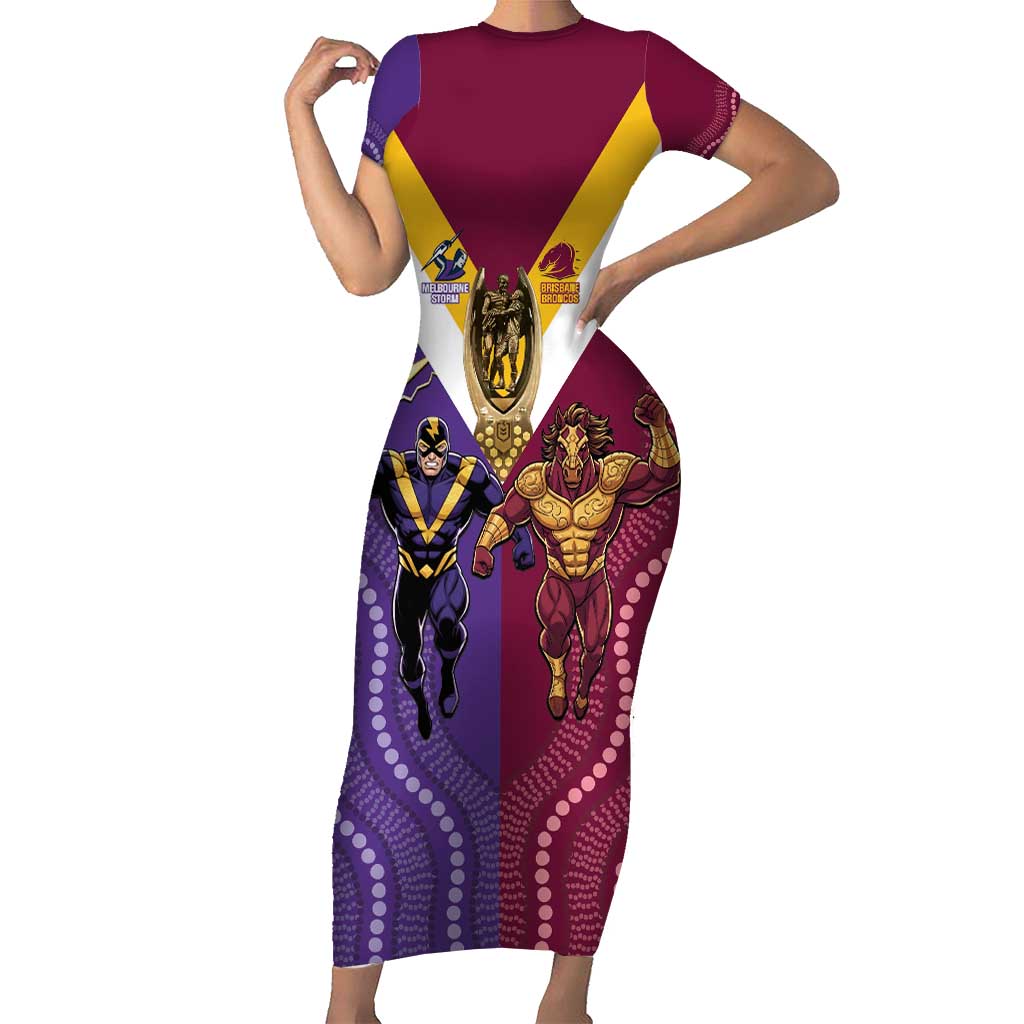 Storm And Broncos Rugby Custom Family Matching Short Sleeve Bodycon Dress and Hawaiian Shirt Melbourne Brisbane Final Together Mascots Style - Vibe Hoodie