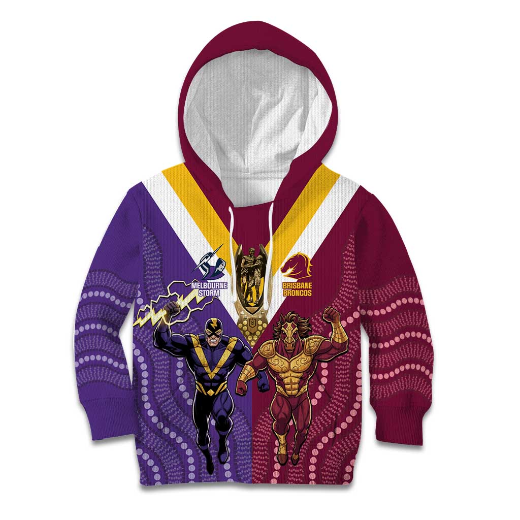 Storm And Broncos Rugby Custom Kid Hoodie Melbourne Brisbane Final Together Mascots Style - Vibe Hoodie