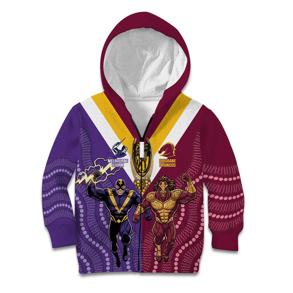 Storm And Broncos Rugby Custom Kid Hoodie Melbourne Brisbane Final Together Mascots Style - Vibe Hoodie