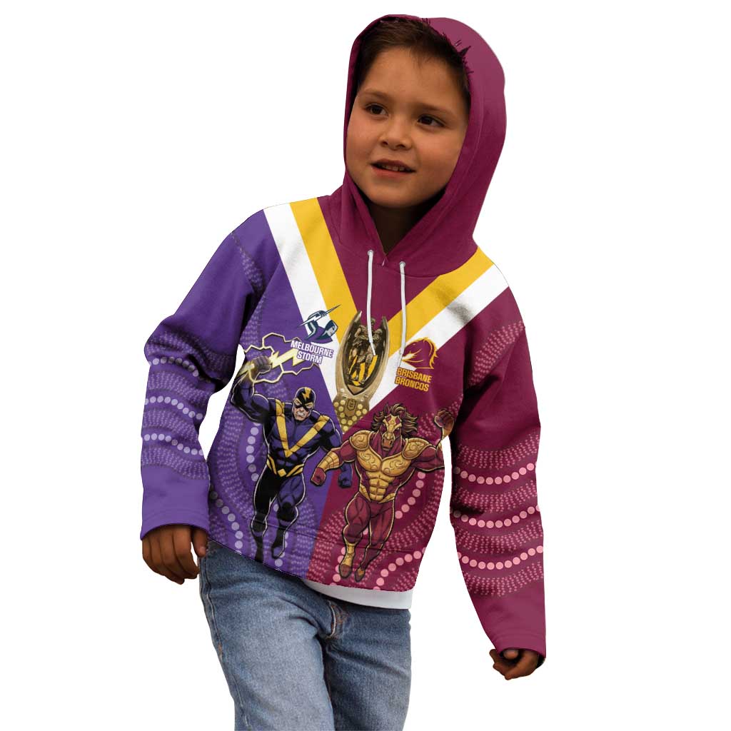 Storm And Broncos Rugby Custom Kid Hoodie Melbourne Brisbane Final Together Mascots Style - Vibe Hoodie
