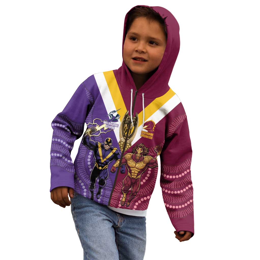 Storm And Broncos Rugby Custom Kid Hoodie Melbourne Brisbane Final Together Mascots Style - Vibe Hoodie