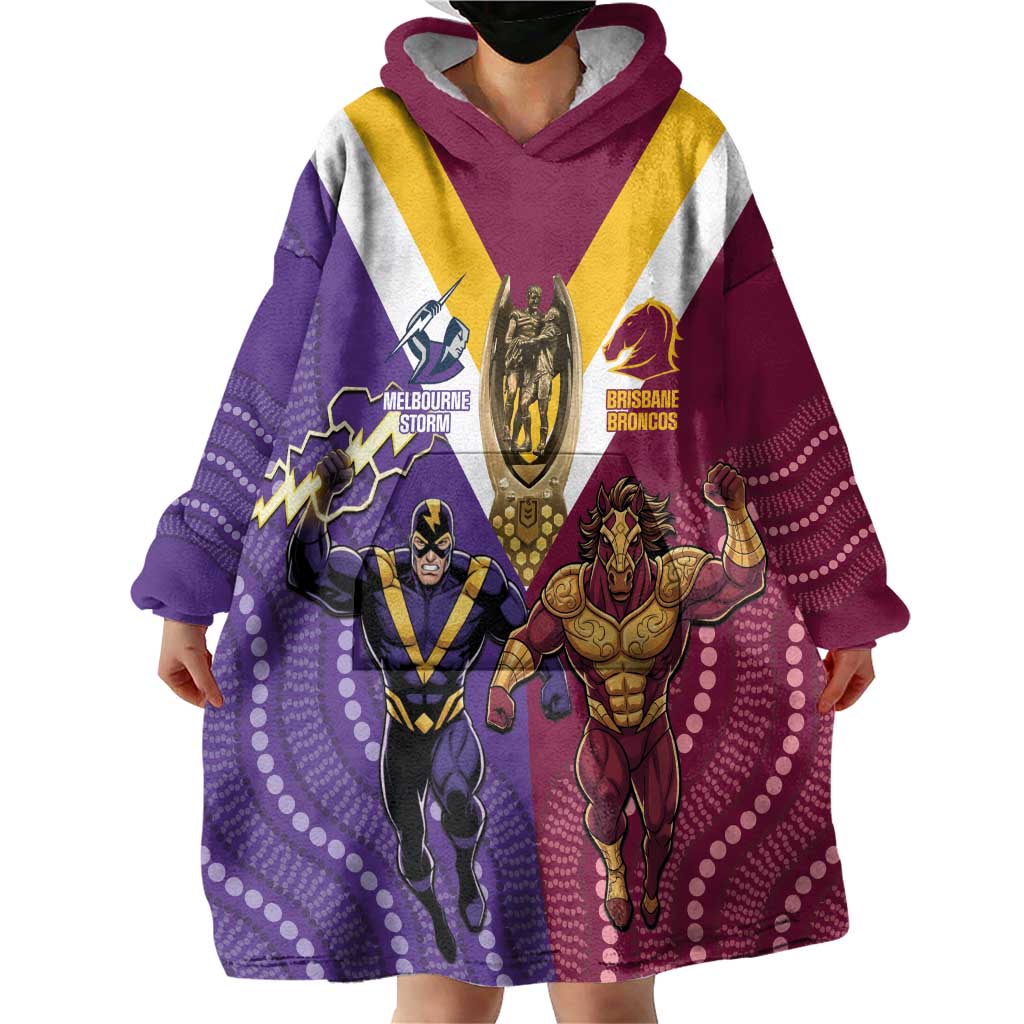 Storm And Broncos Rugby Custom Wearable Blanket Hoodie Melbourne Brisbane Final Together Mascots Style - Vibe Hoodie